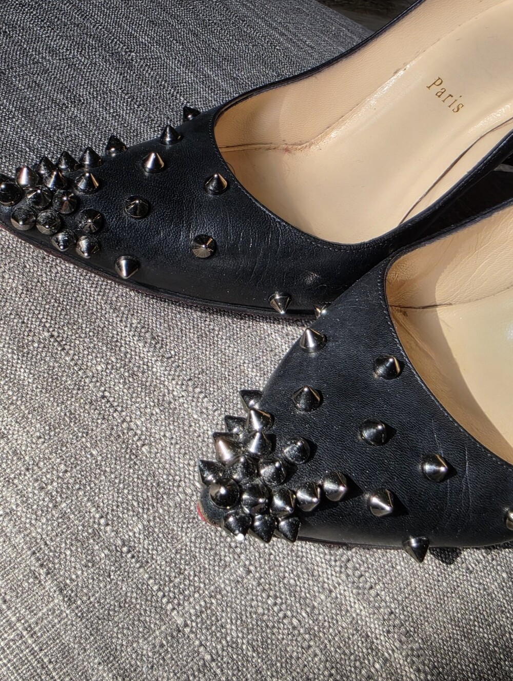 Authentic Christian Louboutin Black Spiked Pointed-Toe Leather Pumps